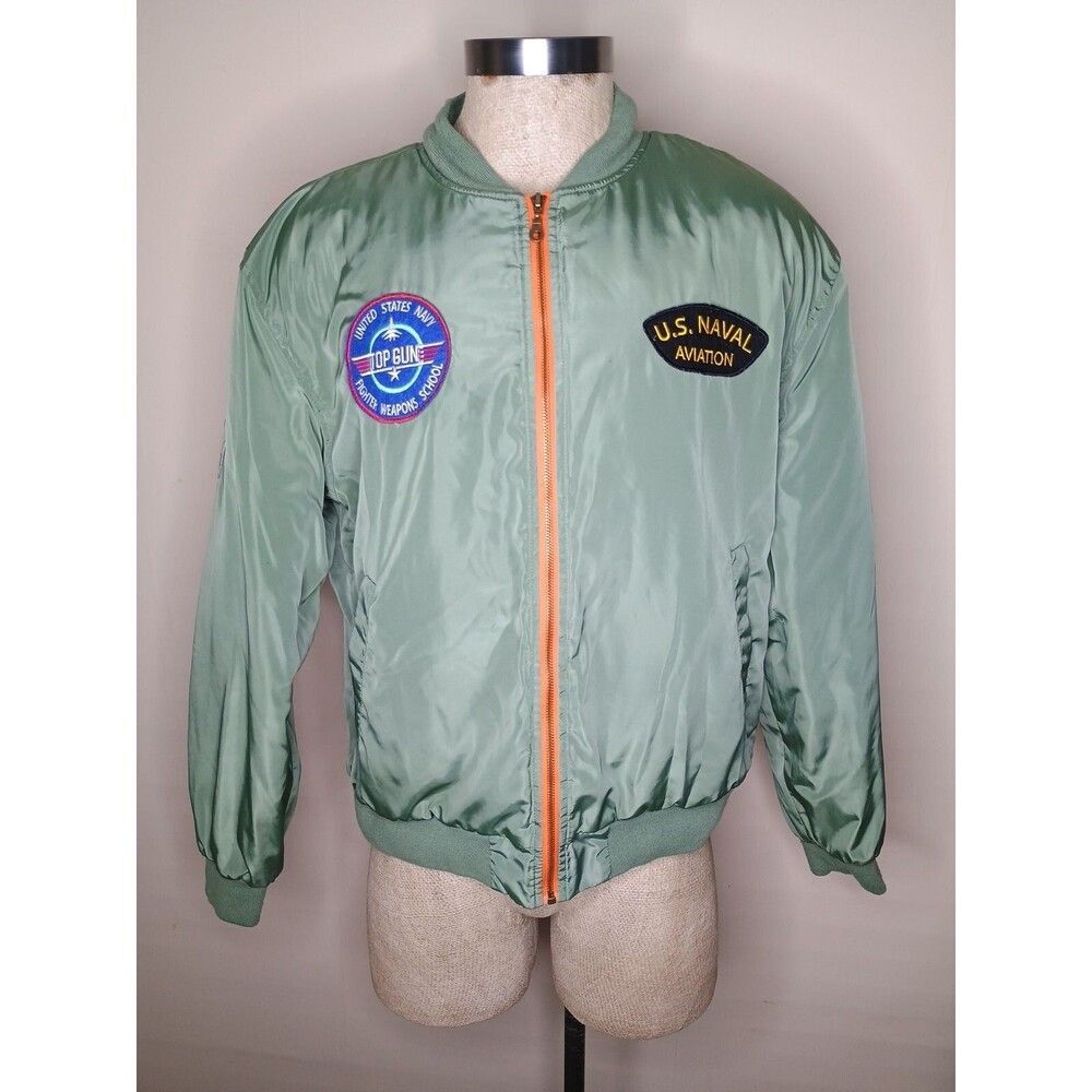 Navy Bomber Mens Size L Top Gun Fighter Pilot Patch Jacket Satin Green - Spirit